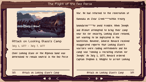 In-game journal: open book titled The Flight of the Nez Perce, pages on the attack on Looking Glass's camp, July 1877.